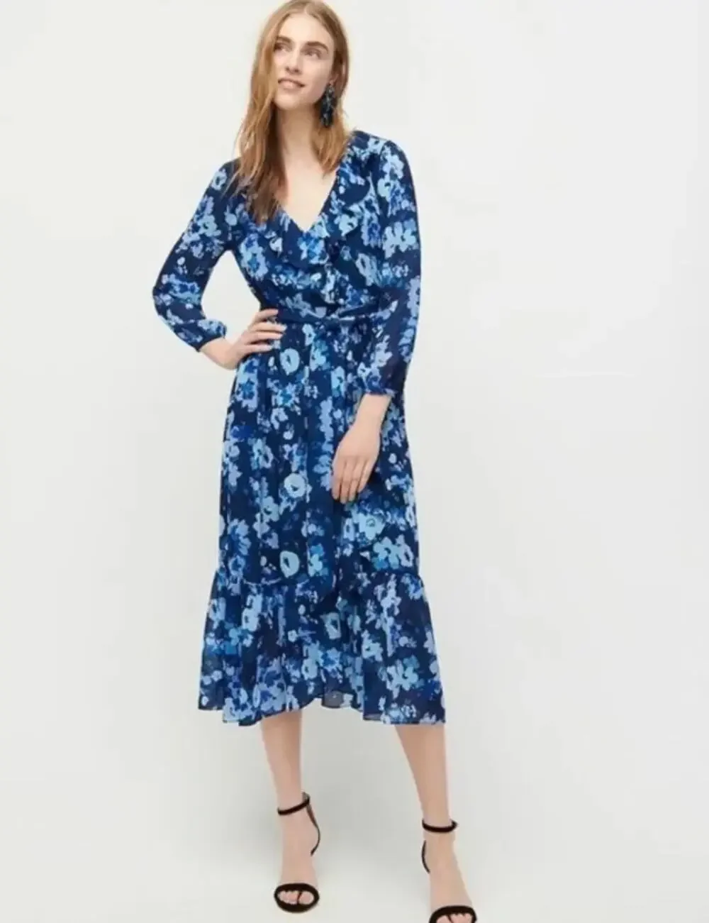 J. Crew Watercolor Begonias Dress Long Sleeve Floral Ruffle Belted Midi Blue